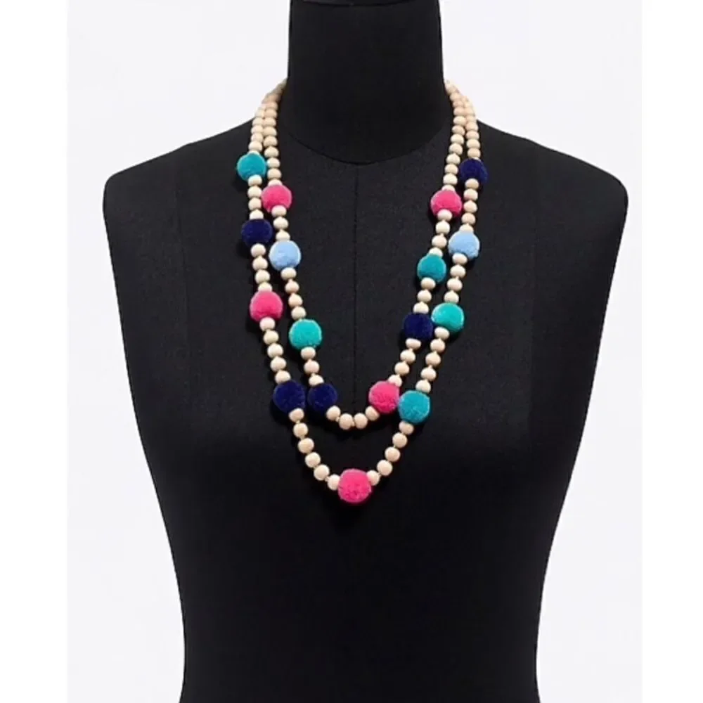 J. Crew Navy Pom-Pom & Beads Layered N…